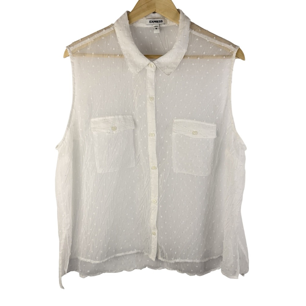 Express Sheer Swiss Dot Blouse XL Sleeveless Button Front White Top